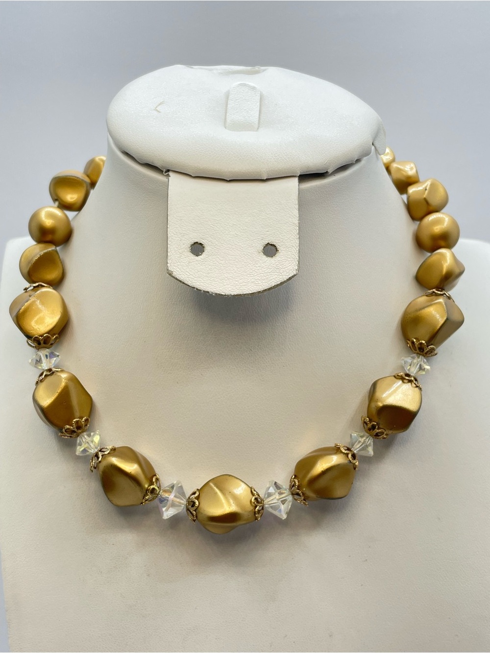 Vintage Gold Lucite AB Crystal Beaded Statement Necklace Elegant Art Deco